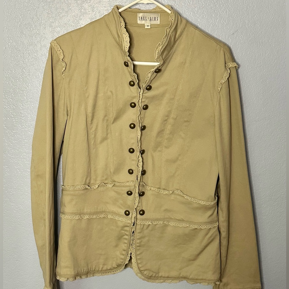 Tall Girl Brand Jacket Size 12 Khaki Military Style Eyelet Lace Feminine